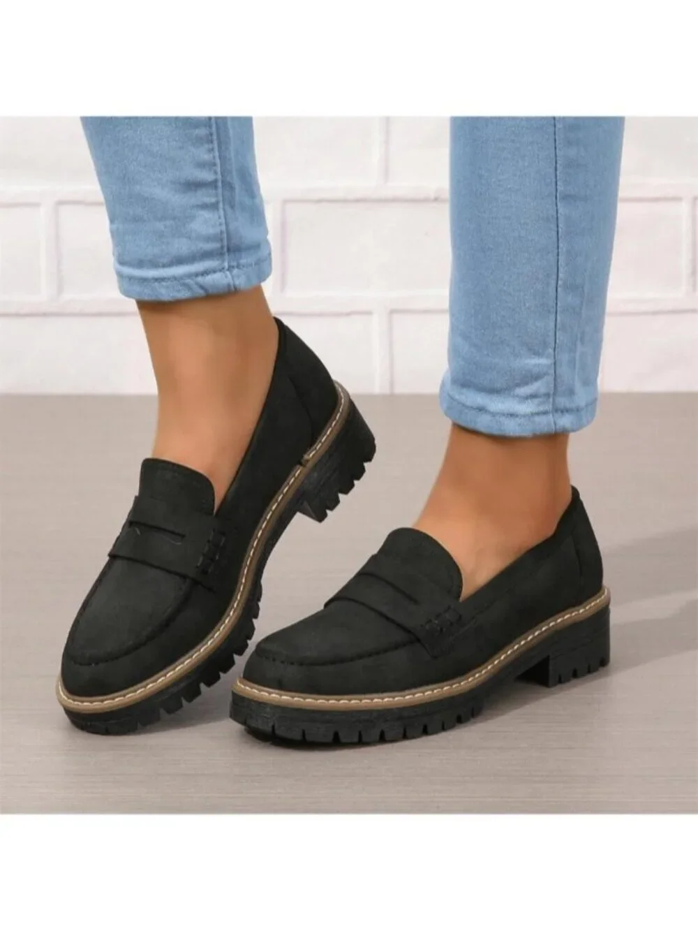 Womens Black Suede Lug Sole Slip On Business Chunky Platform Penny Loafers Shoes